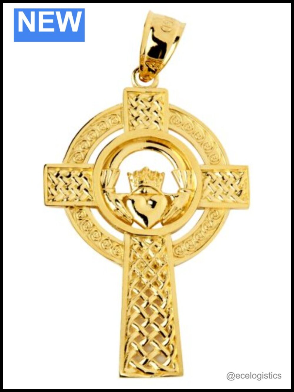 10k Yellow Gold Celtic Knotwork Claddagh Cross Pendant Solid Gold
